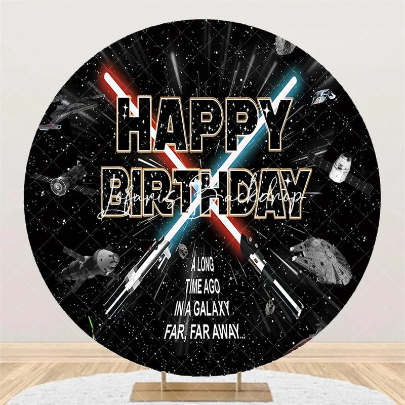 Lofaris Happy Birthday Outer Space Galaxy Round Backdrop Sci-Fi Spaceship Starry Sky Party Background for Boys