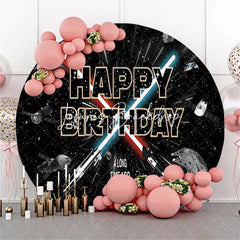 Lofaris Happy Birthday Outer Space Galaxy Round Backdrop Sci-Fi Spaceship Starry Sky Party Background for Boys
