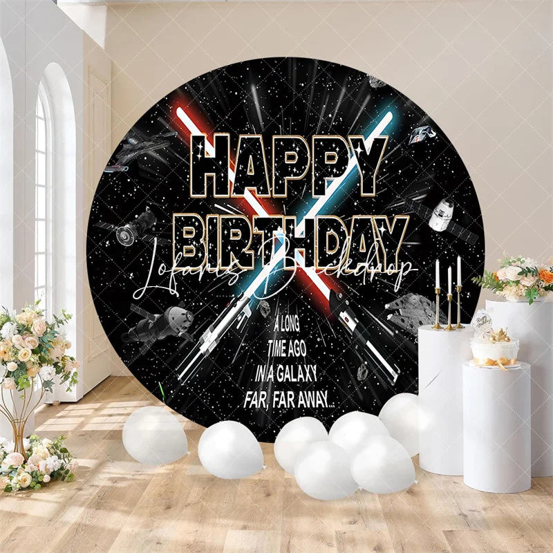 Lofaris Happy Birthday Outer Space Galaxy Round Backdrop Sci-Fi Spaceship Starry Sky Party Background for Boys