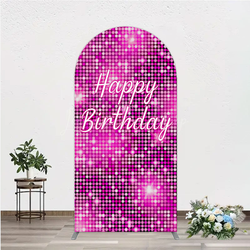 Lofaris Happy Birthday Pink Disco Arch Backdrop Glam Sequin Glitter Effect Girl’s Night Out Party Photo Booth Decor
