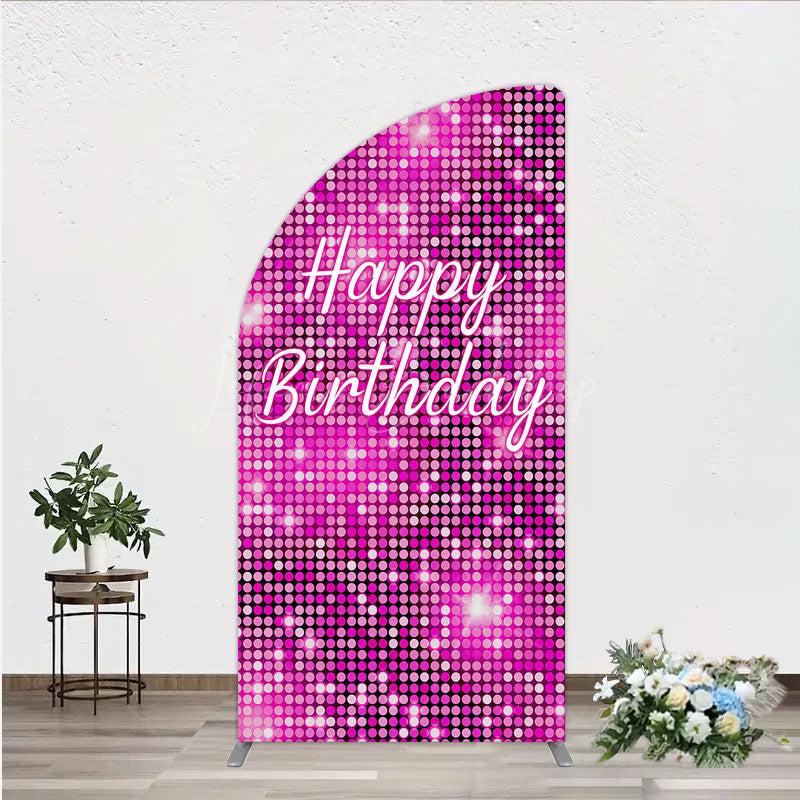 Lofaris Happy Birthday Pink Disco Half Moon Arch Backdrop Glam Sequin Glitter Effect Girl’s Night Out Party Photo Booth Decor