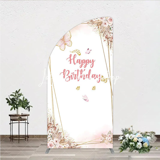 Lofaris Happy Birthday Pink Gold Butterfly Half Moon Arch Backdrop Elegant Bohemian Floral Decor.