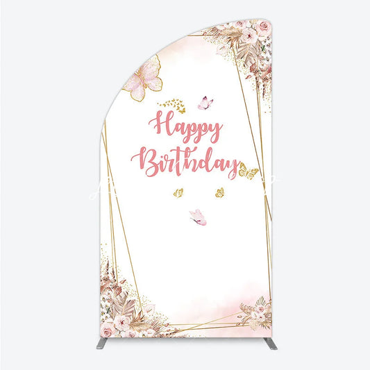 Lofaris Happy Birthday Pink Gold Butterfly Half Moon Arch Backdrop Elegant Bohemian Floral Decor.