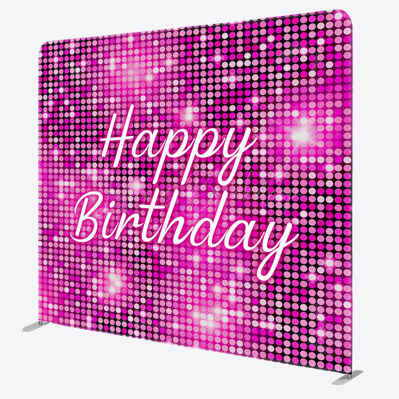 Lofaris Happy Birthday Pink Sequin Tension Fabric Backdrop Disco Ball Glitter Effect Background Glam Party Decor for Girls and Women