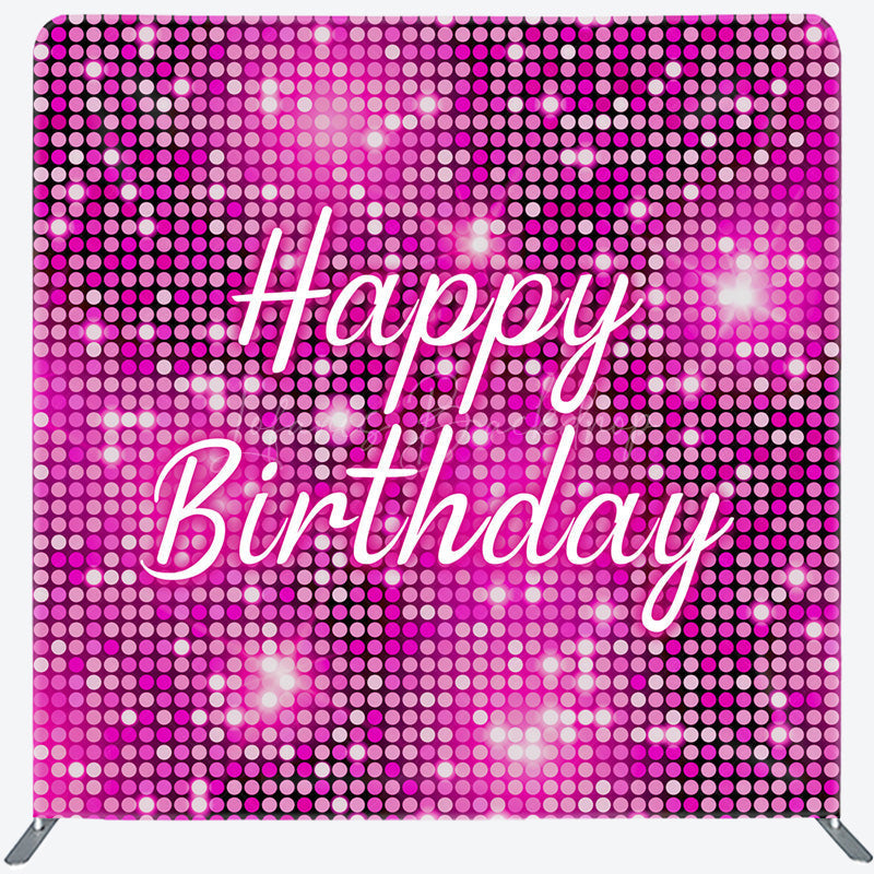 Lofaris Happy Birthday Pink Sequin Tension Fabric Backdrop Disco Ball Glitter Effect Background Glam Party Decor for Girls and Women