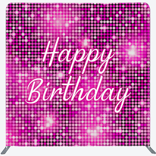 Lofaris Happy Birthday Pink Sequin Tension Fabric Backdrop Disco Ball Glitter Effect Background Glam Party Decor for Girls and Women