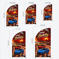 Lofaris Happy Birthday Racing Car Half Moon Arch Backdrop Dynamic Checkered Flags and Trophy Sunset City Race Party Decor