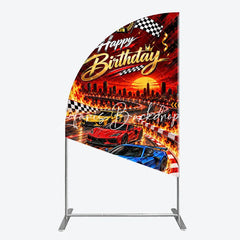 Lofaris Happy Birthday Racing Car Half Moon Arch Backdrop Dynamic Checkered Flags and Trophy Sunset City Race Party Decor