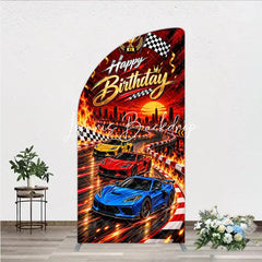 Lofaris Happy Birthday Racing Car Half Moon Arch Backdrop Dynamic Checkered Flags and Trophy Sunset City Race Party Decor