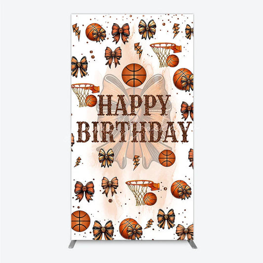 Lofaris Happy Birthday Rectangle Backdrop Basketballs or Bows Gender Reveal He She Sports Theme Party Decor