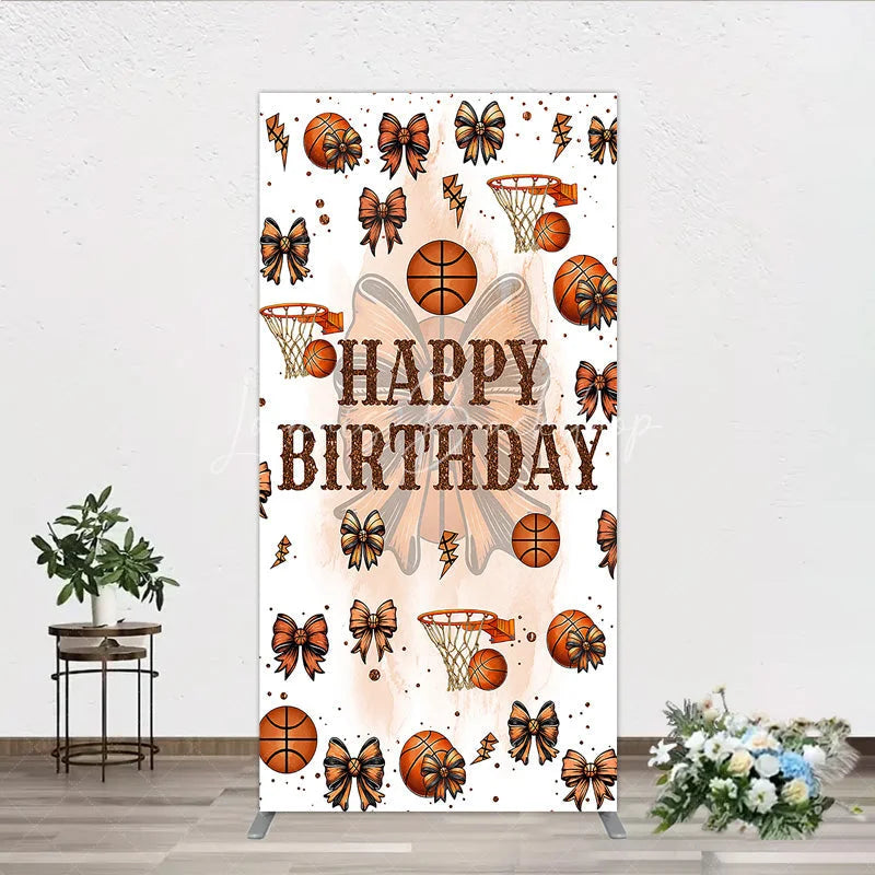 Lofaris Happy Birthday Rectangle Backdrop Basketballs or Bows Gender Reveal He She Sports Theme Party Decor