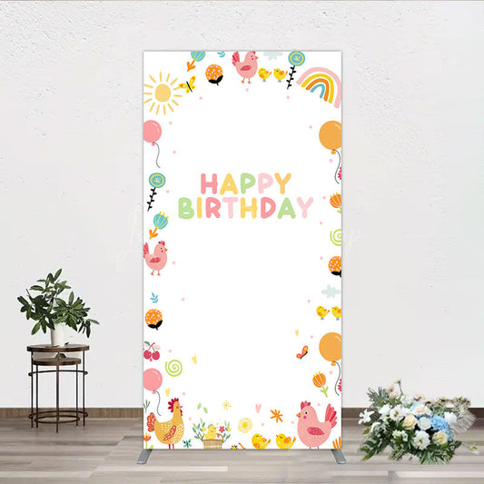 Lofaris Happy Birthday Rectangle Backdrop for Kids Cute Farm Friends with Chicken and Chicks Sunshine Rainbow Party Prop