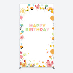 Lofaris Happy Birthday Rectangle Backdrop for Kids Cute Farm Friends with Chicken and Chicks Sunshine Rainbow Party Prop
