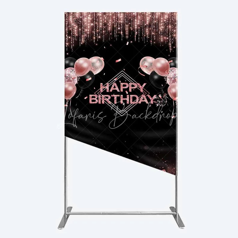 Lofaris Happy Birthday Rectangle Backdrop Rose Gold Balloons Black Glitter Champagne Decor