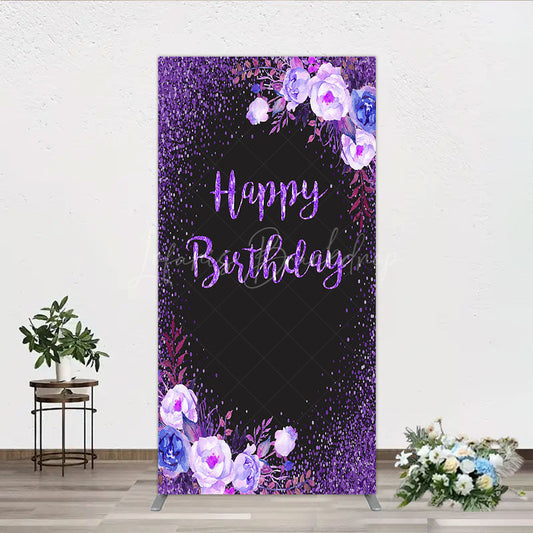 Lofaris Happy Birthday Rectangle Backdrop for Women Black and Purple Glitter with Floral Elegant Milestone Party Photo Prop