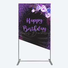 Lofaris Happy Birthday Rectangle Backdrop for Women Black and Purple Glitter with Floral Elegant Milestone Party Photo Prop