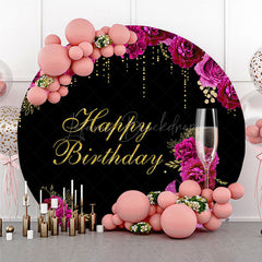Lofaris Happy Birthday Round Backdrop for Her Black and Magenta with Floral Champagne Elegant High Heels Party