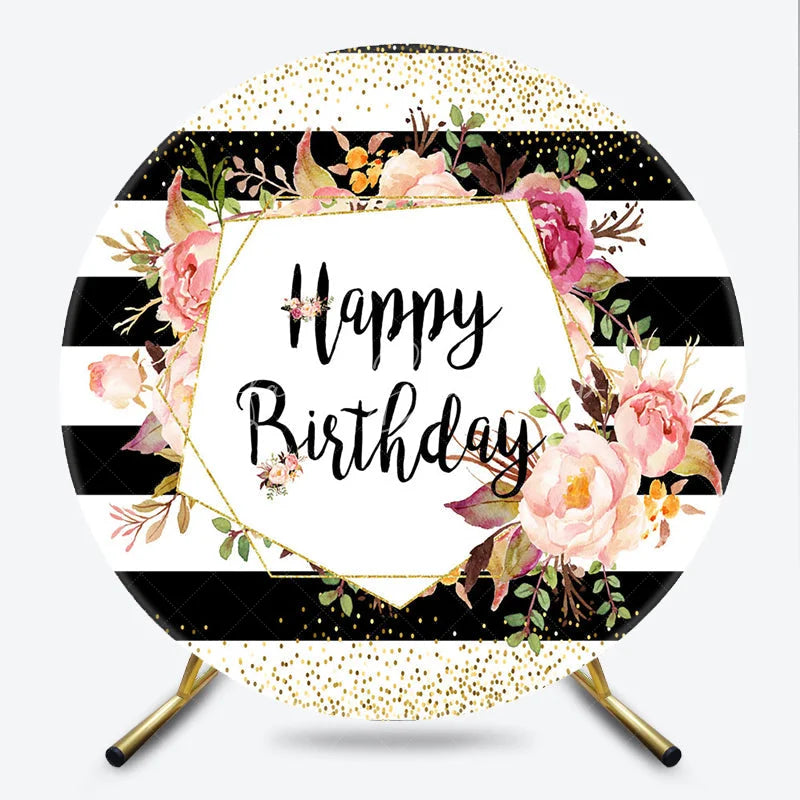 Lofaris Happy Birthday Round Backdrop for Her Black and White Stripes with Pink Floral Elegant Gold Glitter Party Decor