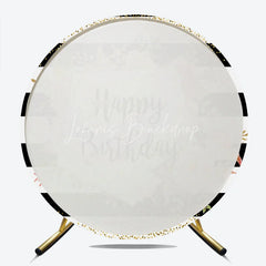 Lofaris Happy Birthday Round Backdrop for Her Black and White Stripes with Pink Floral Elegant Gold Glitter Party Decor