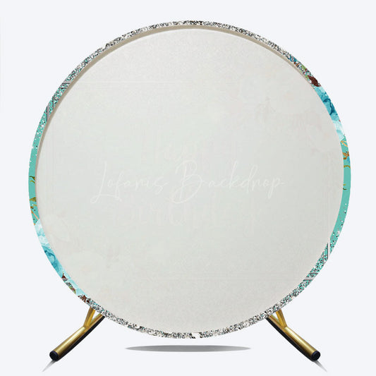 Lofaris Happy Birthday Round Backdrop for Her Silver Glitter and Tiffany Blue Elegant Floral Themed Party Photo Prop