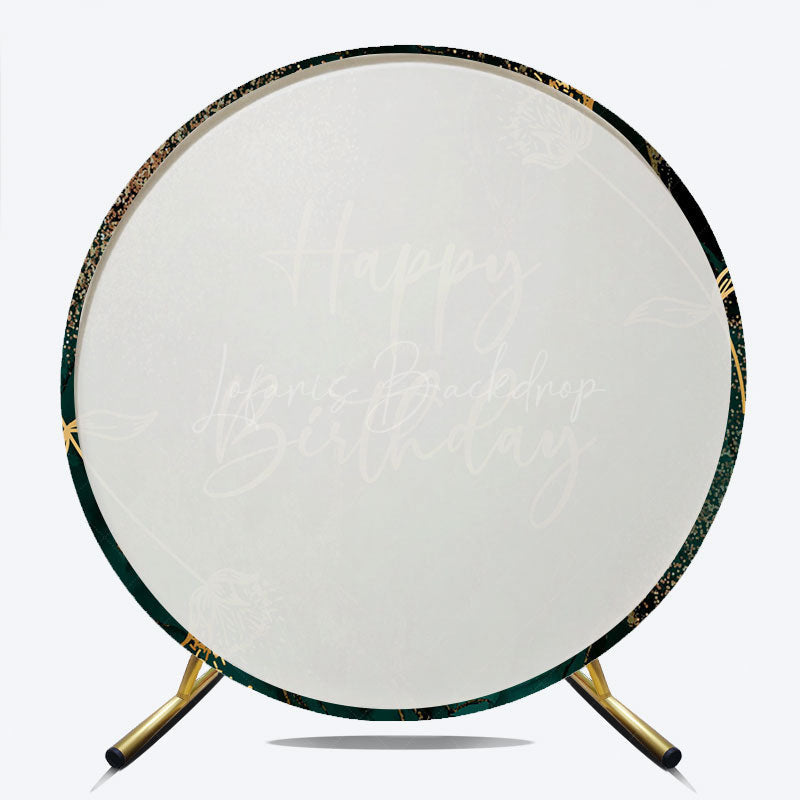 Lofaris Happy Birthday Round Backdrop in Emerald Green and Gold Elegant Marble Texture Modern Party Photo Booth Decor