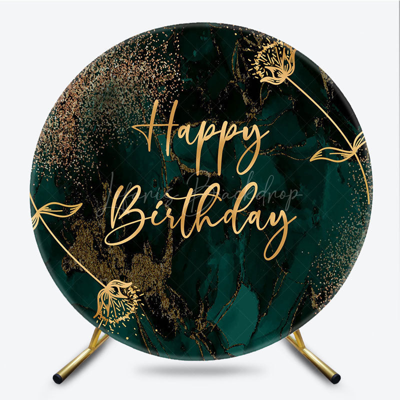 Lofaris Happy Birthday Round Backdrop in Emerald Green and Gold Elegant Marble Texture Modern Party Photo Booth Decor