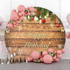 Lofaris Happy Birthday Round Backdrop Rustic Wood Winter Snow Pine Christmas Light