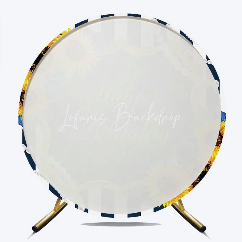 Lofaris Happy Birthday Round Backdrop Sunflower and Blue Rose Floral Navy White Stripes Party Decor