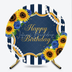 Lofaris Happy Birthday Round Backdrop Sunflower and Blue Rose Floral Navy White Stripes Party Decor