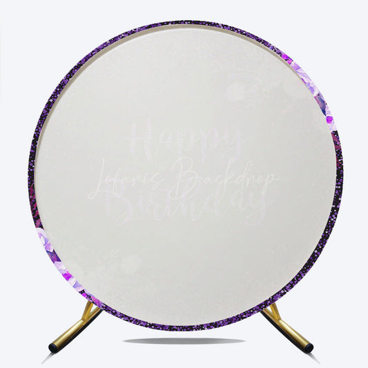 Lofaris Happy Birthday Round Backdrop for Women Black and Purple Glitter with Floral Elegant Milestone Party Photo Prop