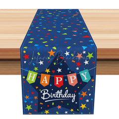 Lofaris Happy Birthday Table Runner with Blue and Colorful Stars Festive Party Supplies for Kids Boys Decoration