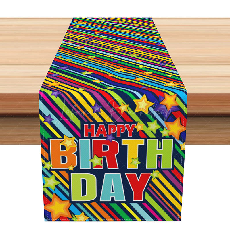 Lofaris Happy Birthday Table Runner with Colorful Rainbow Stripes Fun and Festive Party Supplies for Kids Celebration