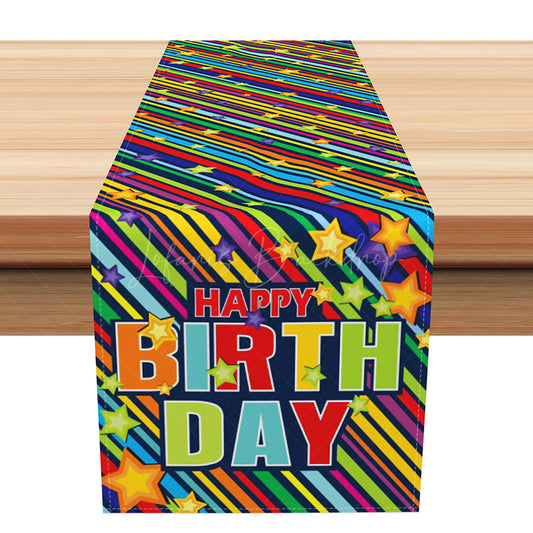 Lofaris Happy Birthday Table Runner with Colorful Rainbow Stripes Fun and Festive Party Supplies for Kids Celebration