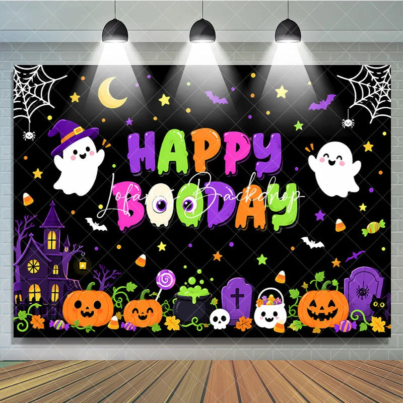 Lofaris Happy Booday Halloween Birthday Backdrop Cute Cartoon Ghosts Pumpkins and Haunted House Decor