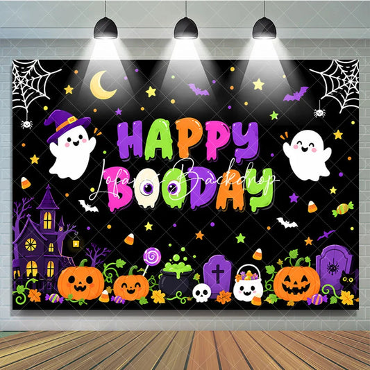 Lofaris Happy Booday Halloween Birthday Backdrop Cute Cartoon Ghosts Pumpkins and Haunted House Decor