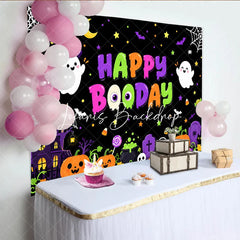 Lofaris Happy Booday Halloween Birthday Backdrop Cute Cartoon Ghosts Pumpkins and Haunted House Decor
