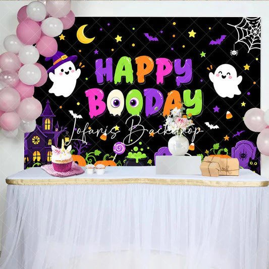Lofaris Happy Booday Halloween Birthday Backdrop Cute Cartoon Ghosts Pumpkins and Haunted House Decor
