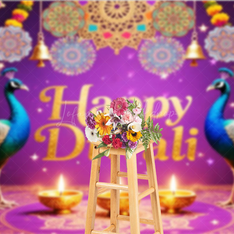 Lofaris Happy Diwali Backdrop for Festival of Lights Indian Celebration with Peacocks Diya Lamps and Mandala Decor
