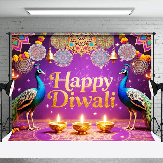 Lofaris Happy Diwali Backdrop for Festival of Lights Indian Celebration with Peacocks Diya Lamps and Mandala Decor