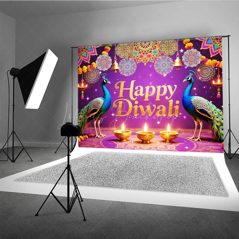Lofaris Happy Diwali Backdrop for Festival of Lights Indian Celebration with Peacocks Diya Lamps and Mandala Decor