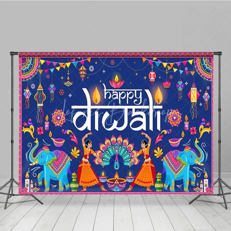 Lofaris Happy Diwali Backdrop for Festival of Lights Traditional Indian Celebration with Elephants Dancers and Rangoli