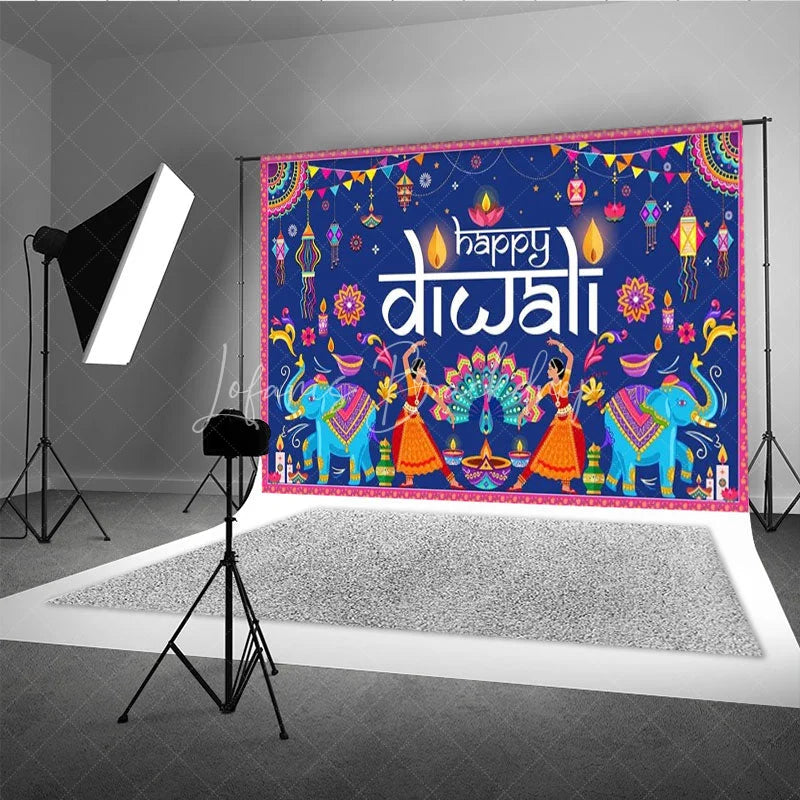 Lofaris Happy Diwali Backdrop for Festival of Lights Traditional Indian Celebration with Elephants Dancers and Rangoli