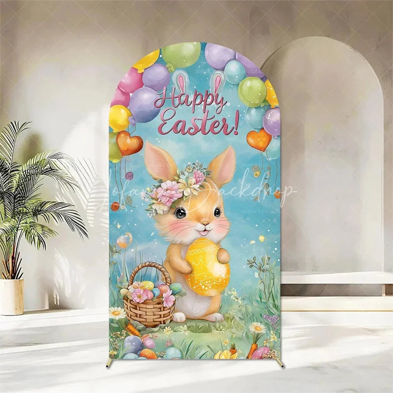 Lofaris Happy Easter Arch Backdrop Cute Bunnies and Colorful Eggs in Spring Garden for Party Decoration