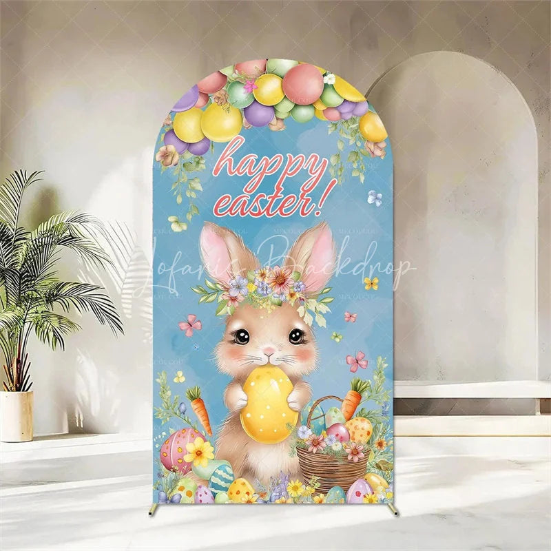 Lofaris Happy Easter Arch Backdrop Cute Bunnies and Colorful Eggs in Spring Garden for Party Decoration