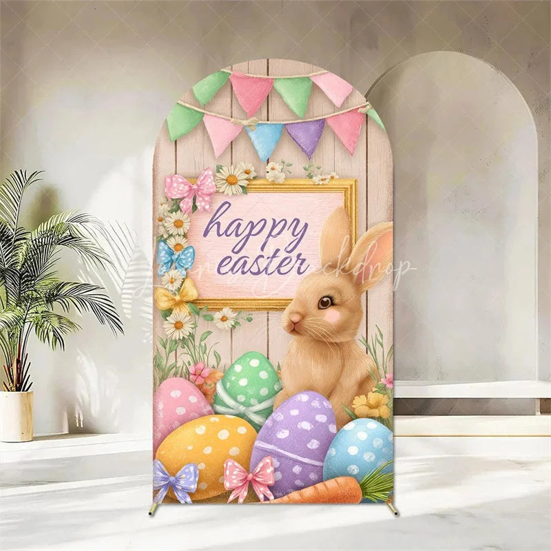 Lofaris Happy Easter Arch Backdrop Cute Bunnies and Colorful Eggs in Spring Garden for Party Decoration