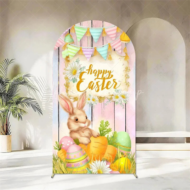 Lofaris Happy Easter Arch Backdrop Cute Bunnies and Colorful Eggs in Spring Garden for Party Decoration