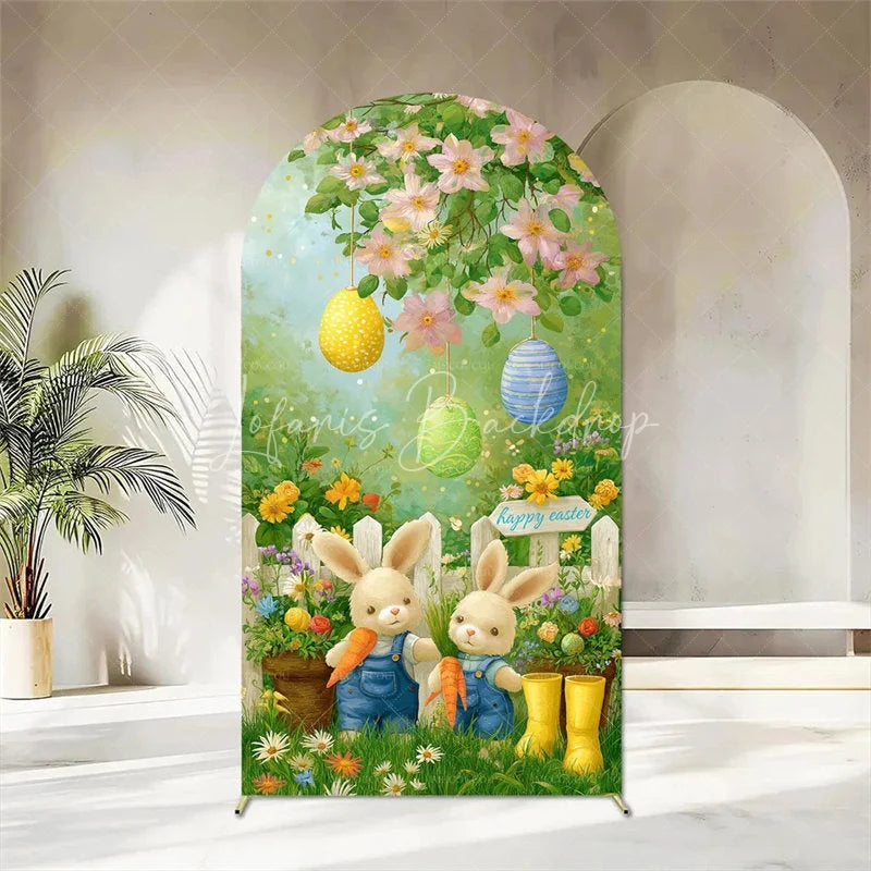 Lofaris Happy Easter Arch Backdrop Cute Bunnies and Colorful Eggs in Spring Garden for Party Decoration