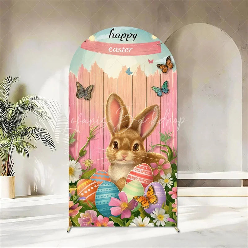 Lofaris Happy Easter Arch Backdrop Cute Bunnies and Colorful Eggs in Spring Garden for Party Decoration