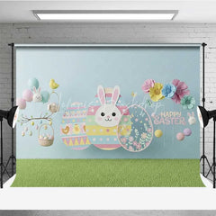Lofaris Happy Easter Backdrop Blue Paper Craft Style Bunny Flower Eggs Photography Background Kids Party Decoration