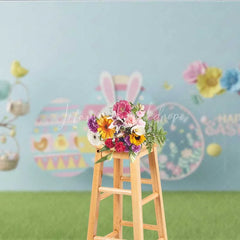 Lofaris Happy Easter Backdrop Blue Paper Craft Style Bunny Flower Eggs Photography Background Kids Party Decoration